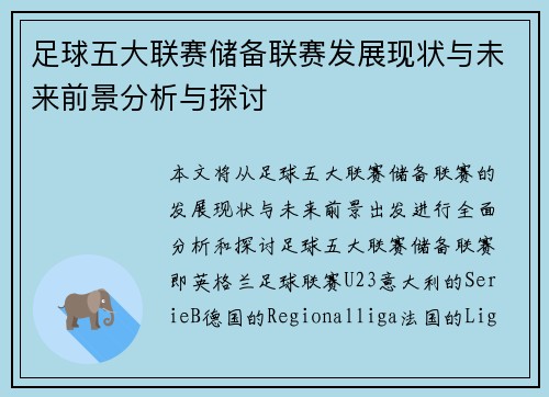 足球五大联赛储备联赛发展现状与未来前景分析与探讨