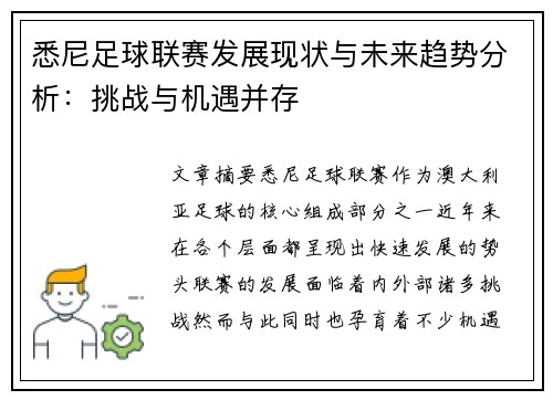 悉尼足球联赛发展现状与未来趋势分析：挑战与机遇并存