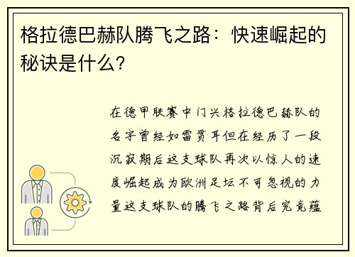 格拉德巴赫队腾飞之路：快速崛起的秘诀是什么？